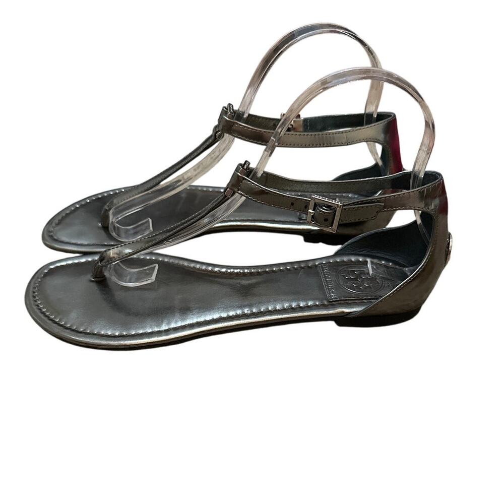 Tory Burch Metallic Silver Leather T-Strap Flat Sandals Ankle Strap Women's 8.5